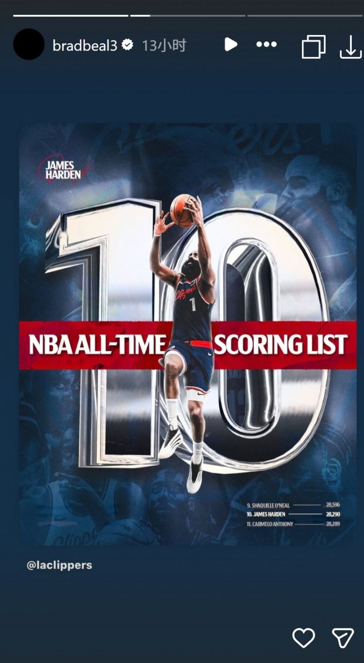 祝贺一下队友！哈登总得分历史前十 比尔INS转发相关海报
